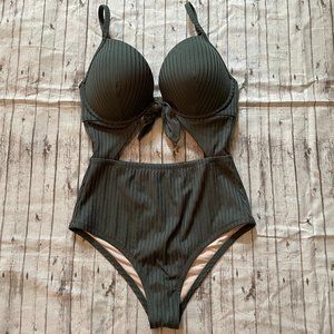 Shade & Shore One Piece Women's Swimsuit with Cutout 32DD Olive Green Ribbed